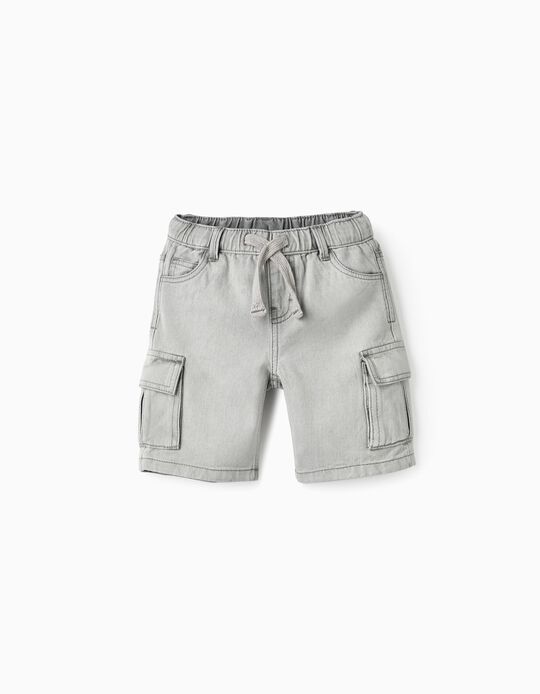 Cotton Denim Shorts with Cargo Pockets for Boys, Grey