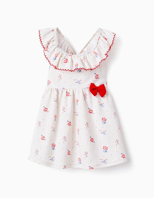Floral UPF 80 Dress for Baby Girls, White/Red/Blue