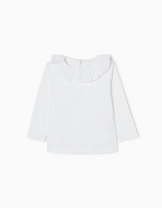 Cotton T-shirt with Frill Collar for Baby Girls, White