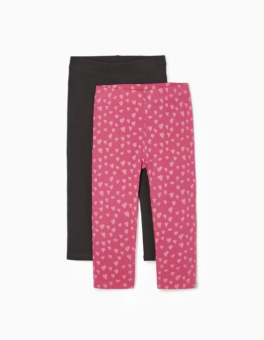2 Leggings Capri for Girls 'Hearts', Pink/Dark Grey