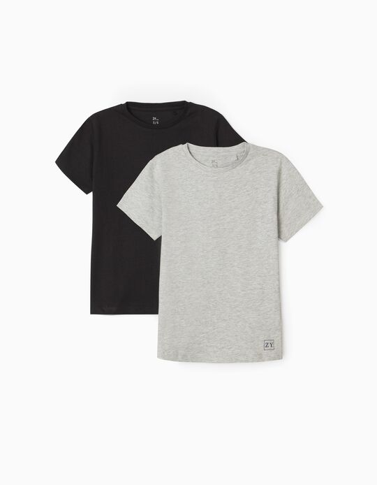 2 T-Shirts Unis Garçon, Noir/Gris