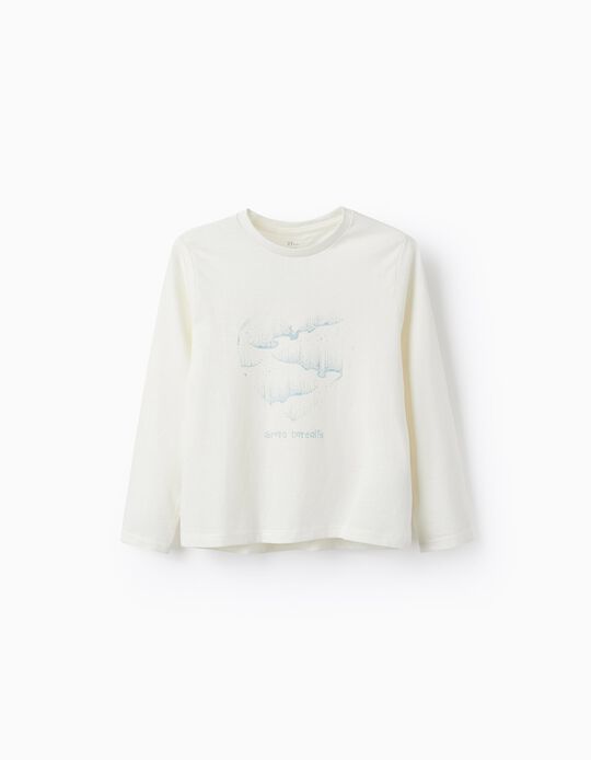 Long Sleeve Cotton T-Shirt for Girls 'Aurora Borealis', White