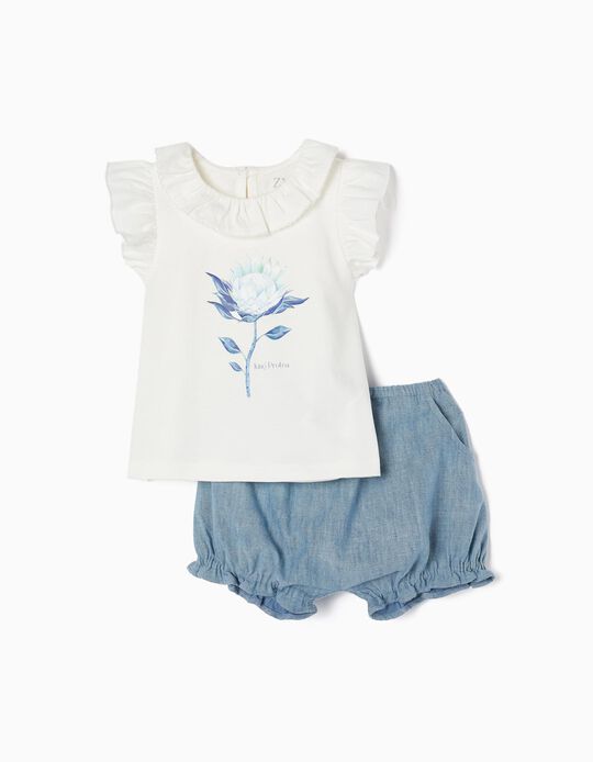 T-shirt + Calções para Bebé Menina, Branco/Azul