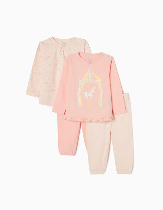 2-Pack Cotton Pyjamas for Baby Girls 'Circus', Pink/Lilac/Grey