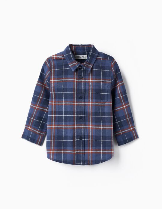 Flannel Checkered Shirt for Baby Boys, Orange/Dark Blue
