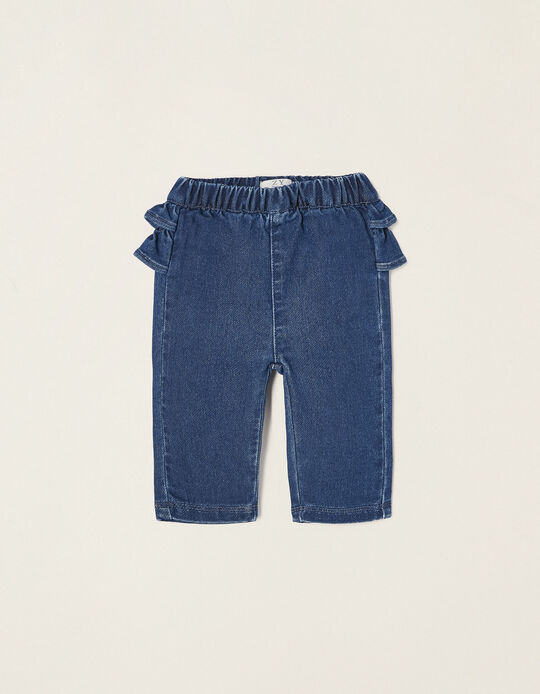 Cotton Jeans with Ruffles for Newborn Baby Girls, Dark Blue 