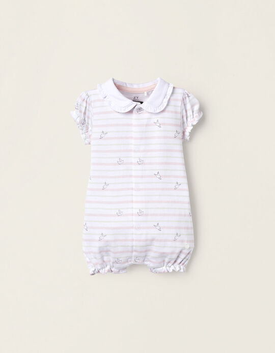 Striped Jumpsuit for Newborn Girls 'Birds', White/Green/Light Pink