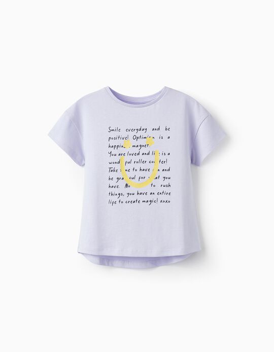 Cotton T-Shirt with Glitter for Girls 'Smile Everyday', Lilac