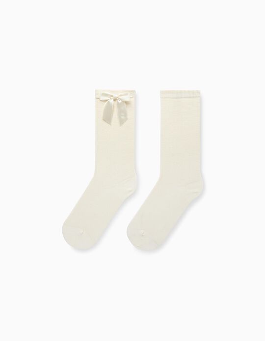 Knee-High Socks with Bow for Girls, White