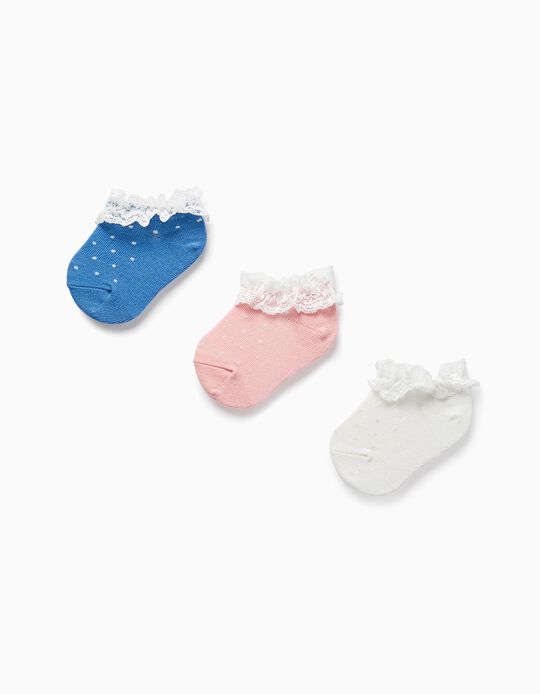 Pack 3 Pairs of Socks with Lurex Threads and Lace for Baby Girls, Pink/White/Dark Blue
