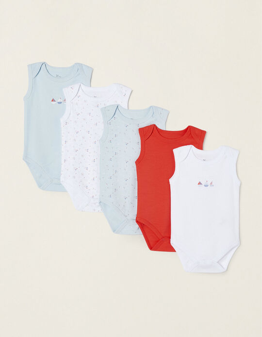 Pack 5 Cotton Bodysuits for Babies and Newborns 'Boats', Blue/White/Red