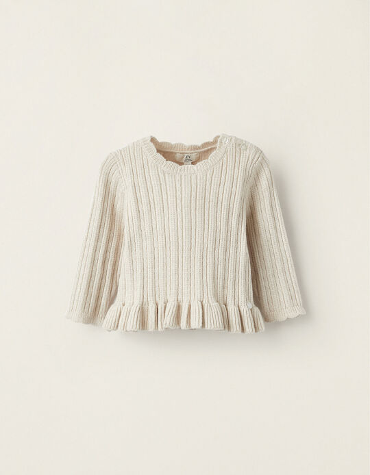 Ribbed Knit and Braided Jumper for Newborns, Beige