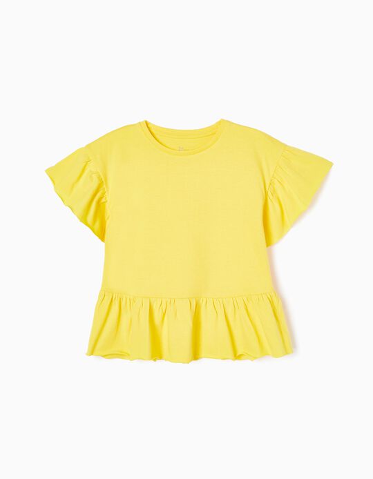 T-shirt de Algodão com Folhos para Menina, Amarelo