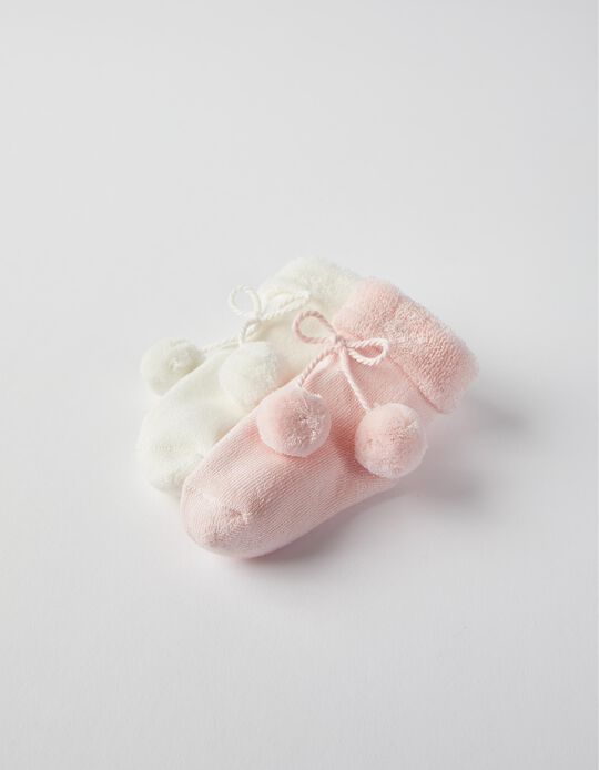 2 Pairs of Cuffed Socks for Baby Girls, White/Pink