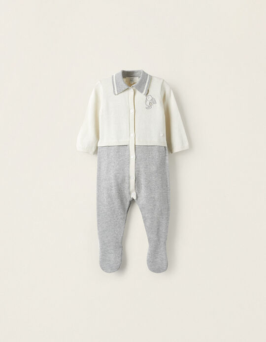 Knitted Footed Bodysuit for Newborn Boys 'Rabbit', White/Grey
