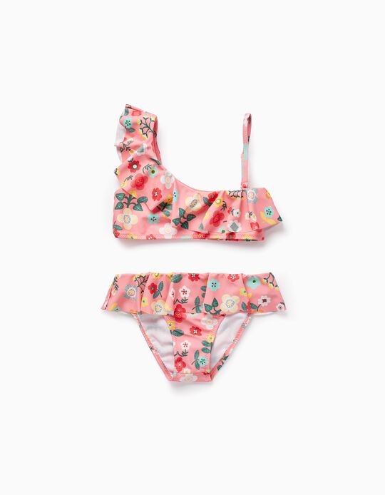 UPF80 Bikini with Flower Motif for Girls, Pink