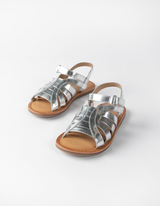Leather Sandals for Girls, Silver