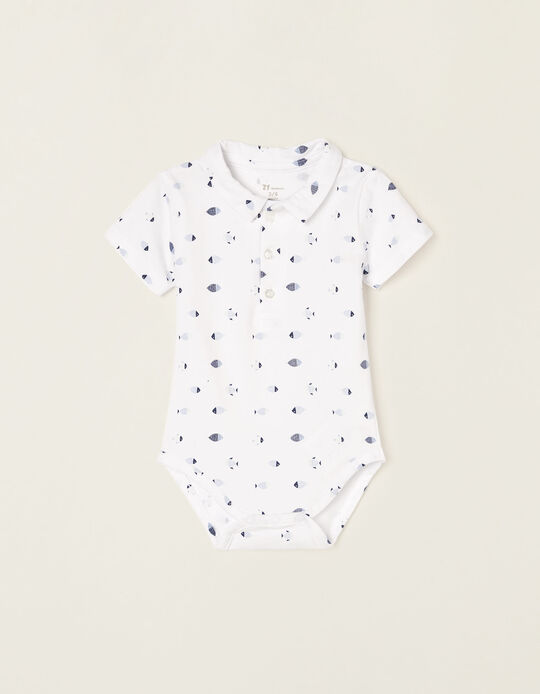 Bodysuit for Newborn Baby Boys 'Fish', White/Blue