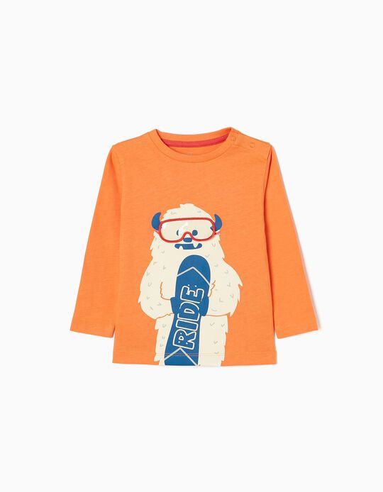 T-shirt à Manches Longues en Coton Bébé Garçon 'Monstre', Orange