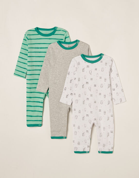 3 Sleepsuits for Babies 'Keep Calm, Drink Milk', Multicoloured