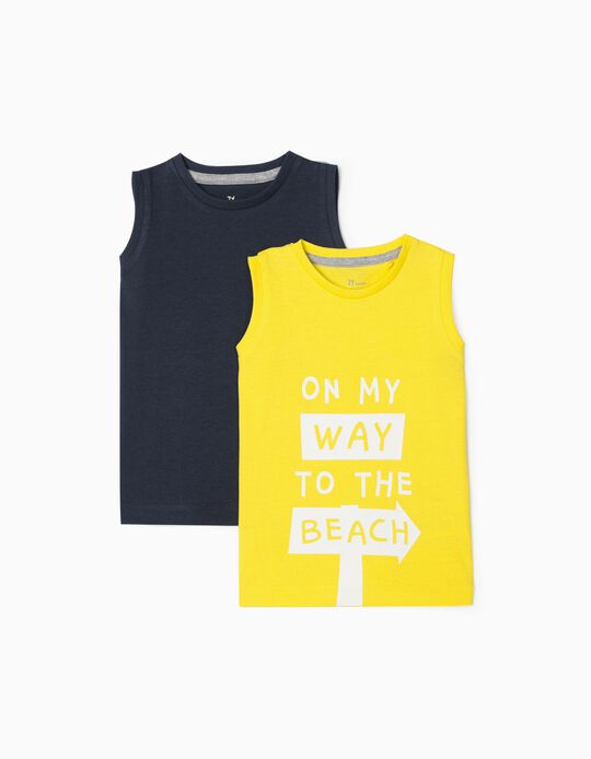 2 Sleeveless T-Shirts for Baby Boys 'Beach', Yellow/Dark Blue