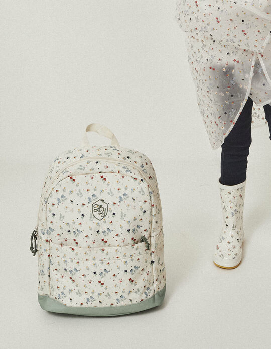 Floral Backpack for Girls, White/Aqua Green