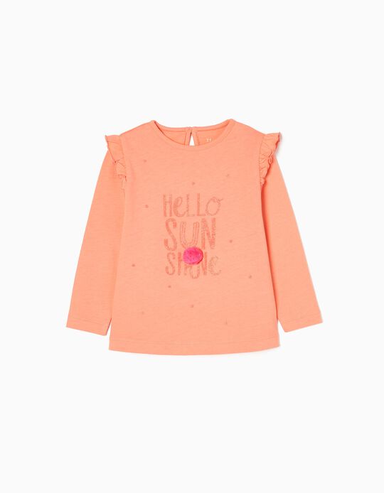 T-shirt à Manches Longues en Coton Bébé Fille 'Hello', Corail