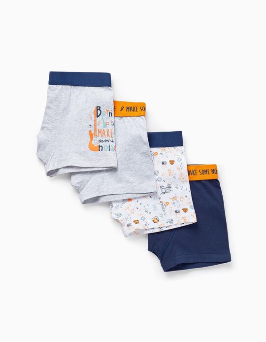 Pack of 4 Cotton Boxers for Boys 'Make Some Noise', White/Gray/Dark Blue