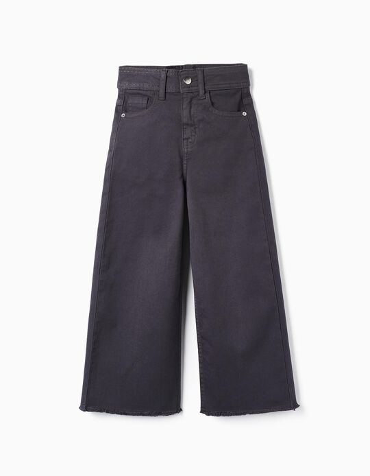 Wide-Legged Twill Trousers for Girls, Dark Grey
