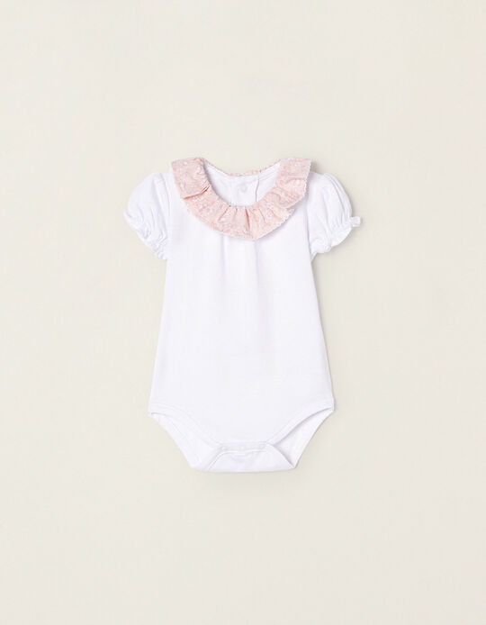 Cotton Bodysuit with Ruffled Collar for Newborn Baby Girls, Pink/White