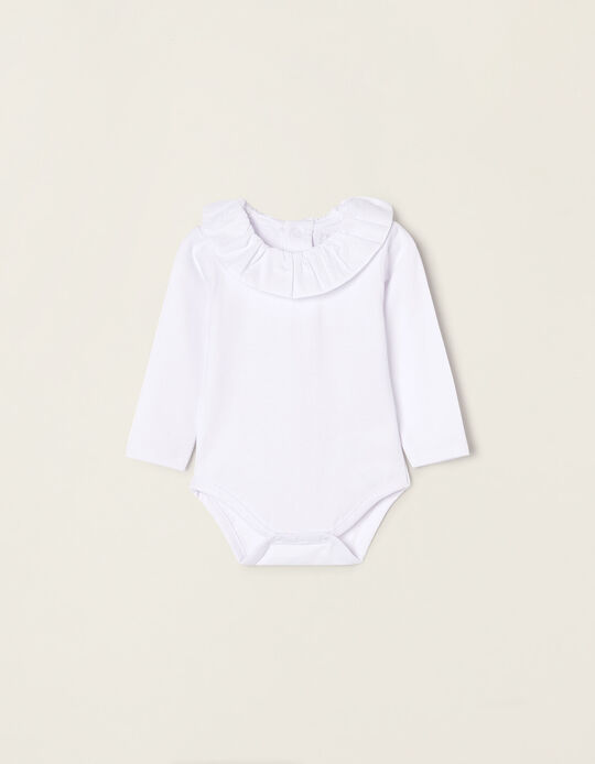 Cotton Bodysuit with Frill Collar for Newborn Baby Girls, White