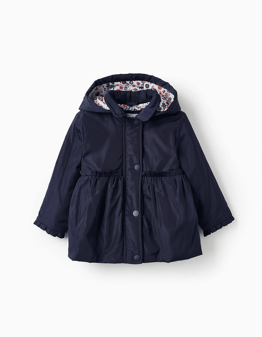 Hooded Parka with Ruffles for Baby Girls, Dark Blue