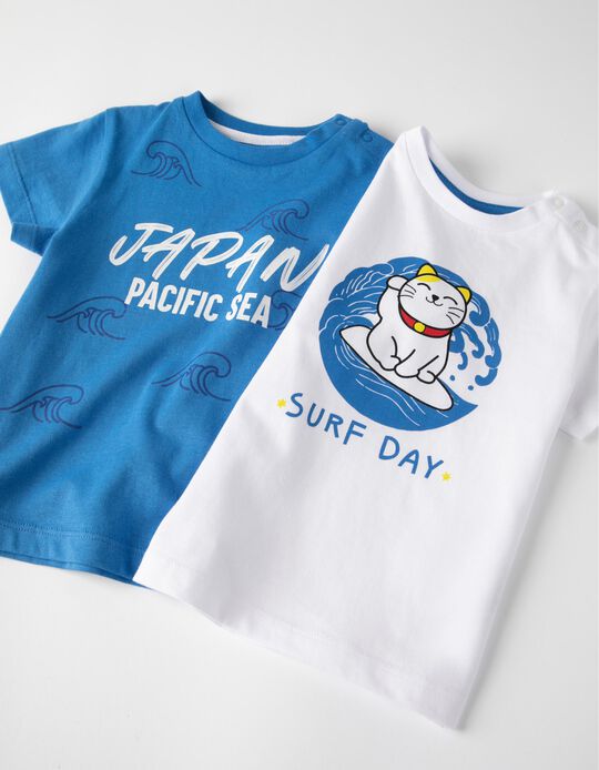 2 Camisetas de Manga Corta para Bebé Niño 'Surf Day', Azul/Blanco