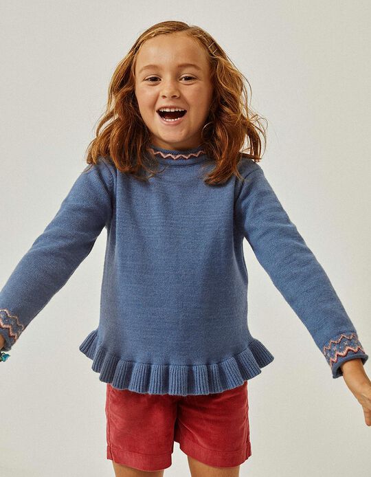 Jumper with Jacquard and Ruffles for Girls, Blue