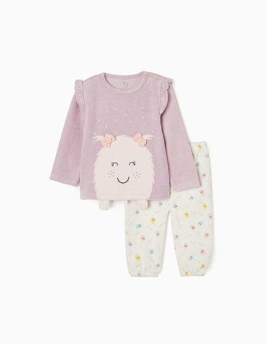 Pijama de Veludo Brilha no Escuro para Bebé Menina 'Monstra', Lilás/Branco