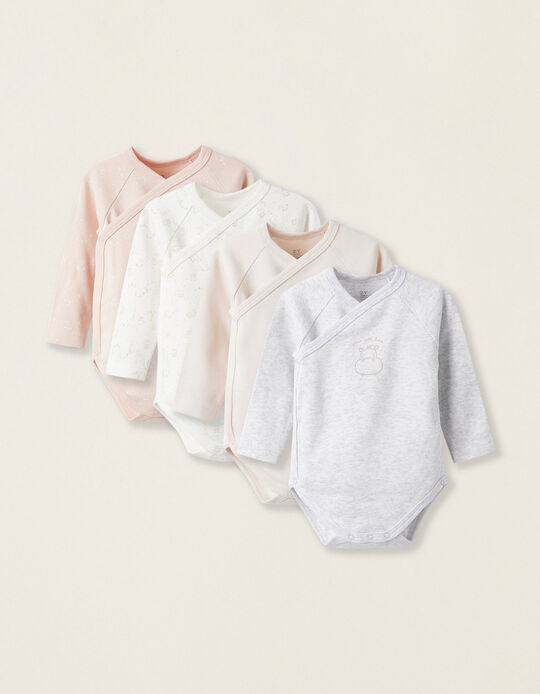 Pack of 4 Bodysuits for Baby and Newborn Girls 'Hippopotamus', White/Pink/Grey