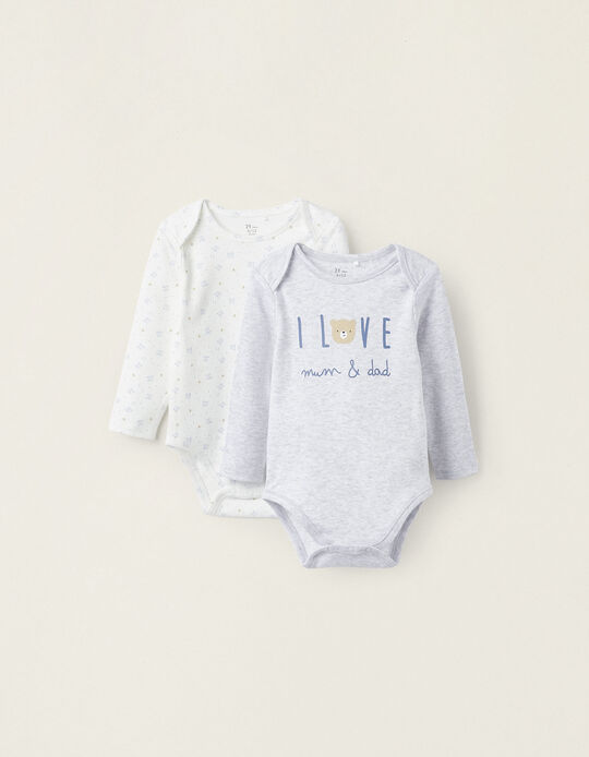 Pack of 2 Cotton Bodysuits for Newborns and Babies 'I Love Mum and Dad', Grey/White