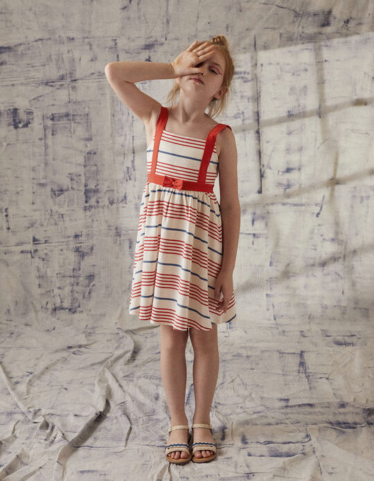 Striped Strappy Dress for Girls, White/Red/Blue