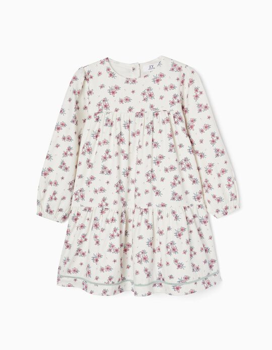 Cotton Dress with Floral Motif for Girls, White/Pink