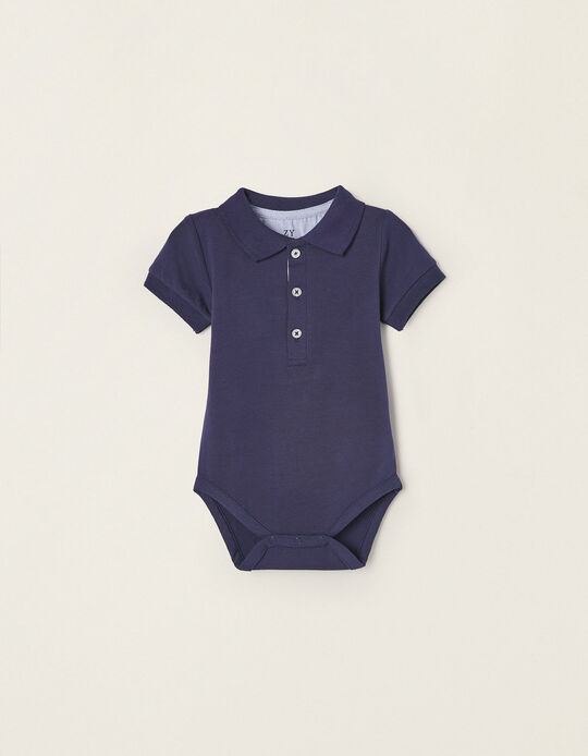 Short Sleeve Polo-Bodysuit in Cotton for Newborn Baby Boys, Dark Blue