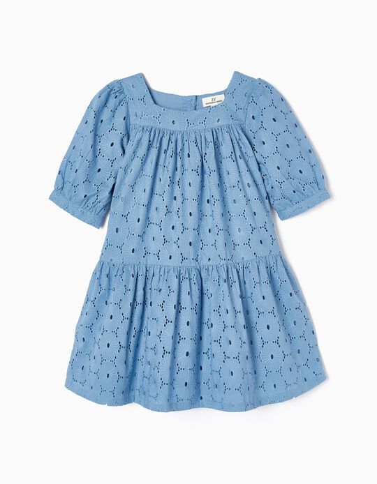 Cotton Dress with English Embroidery for Girls 'You&Me', Blue