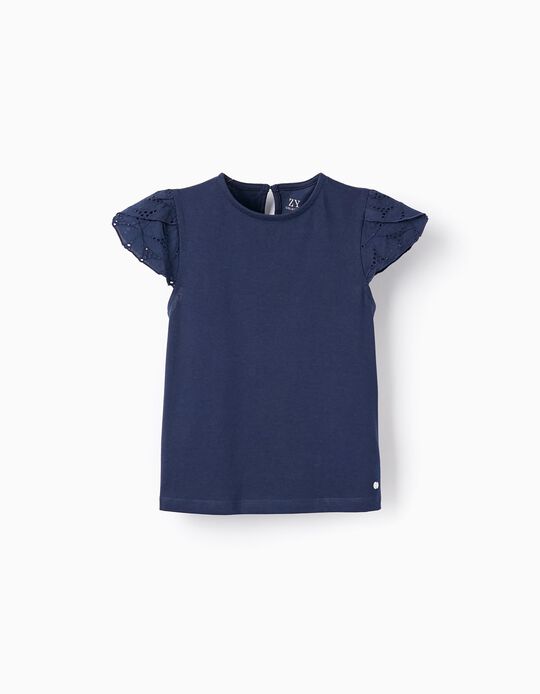 T-shirt de Algodão com Bordado Inglês para Bebé Menina, Azul Escuro