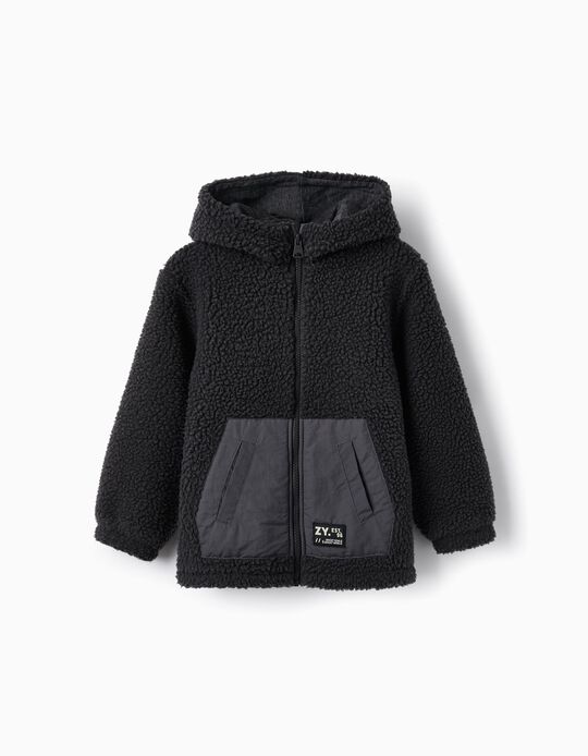Hooded Sherpa Jacket for Boys, Black/Dark Grey