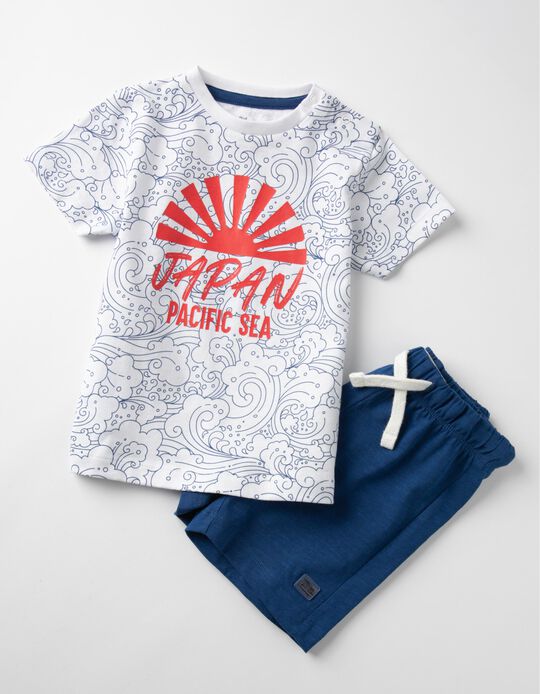 T-Shirt + Short Bébé Garçon 'Japan', Blanc/Bleu