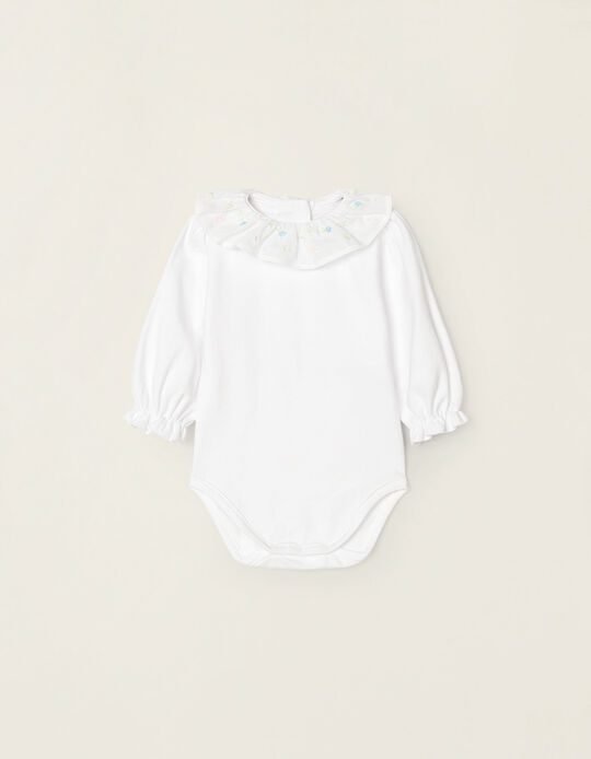 Bodysuit with Embroidered Flowers for Newborn Baby Girls, White