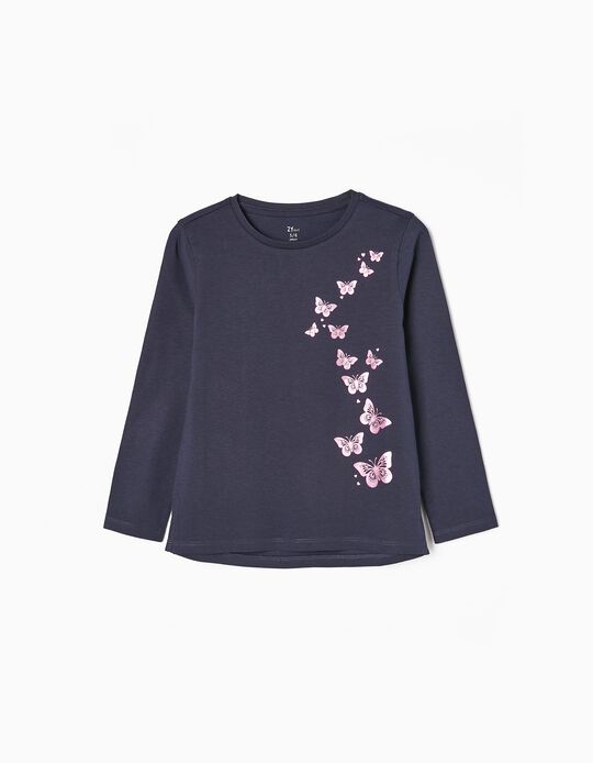Long sleeve Cotton T-shirt for Girls 'Butterflies', Dark Blue/Pink