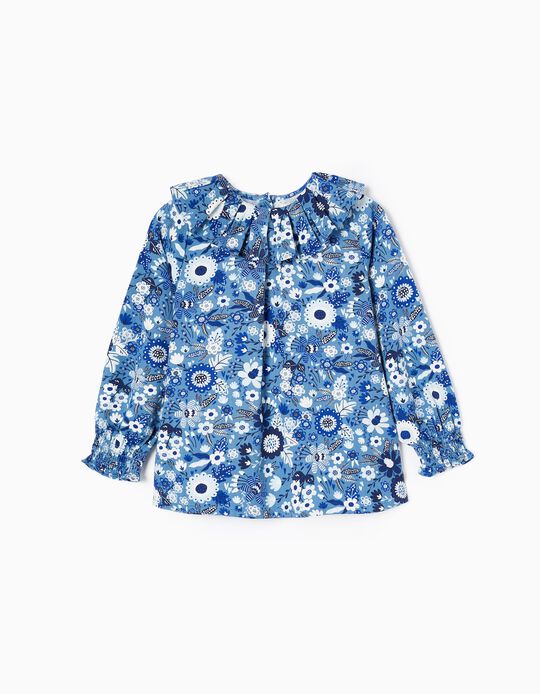 Cotton Blouse with Floral Motif for Girls, Blue/White