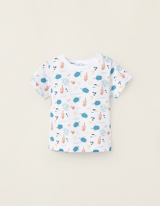 Short Sleeve Patterned T-Shirt for Newborn Boys 'Ocean', White