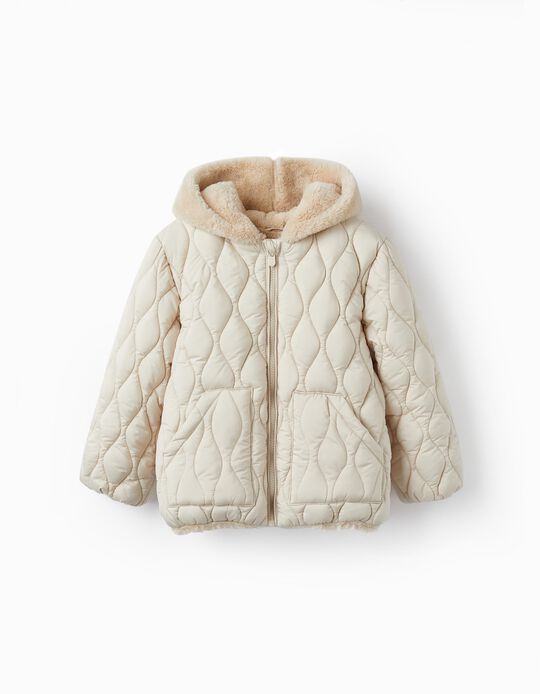 Buy Online Padded Hooded Coat with Fur for Girls, Beige