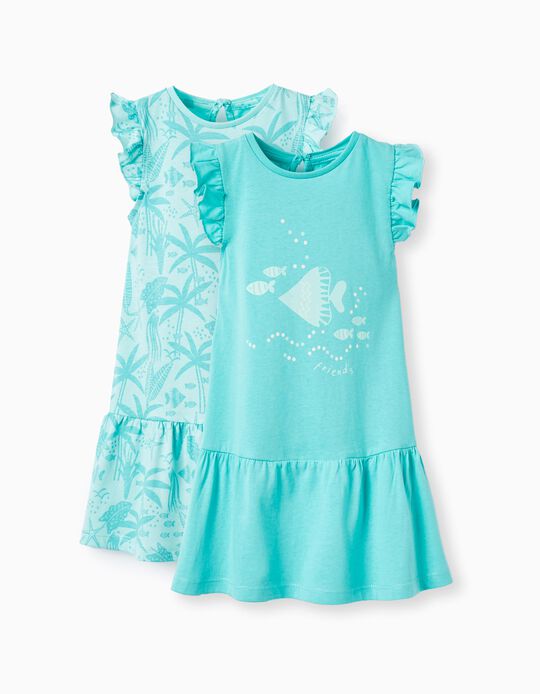 Pack 2 Robes en Coton pour Bébé Fille 'Sea Friends', Turquoise